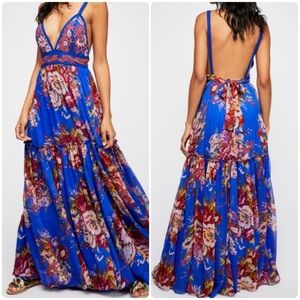 Free People Cobalt Blue Floral Open-Back Maxi Dress